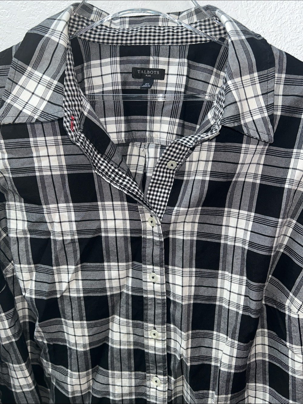 Talbots Plus Brushed Cotton Black White Plaid Long-Sleeve Button-Down 2X EUC